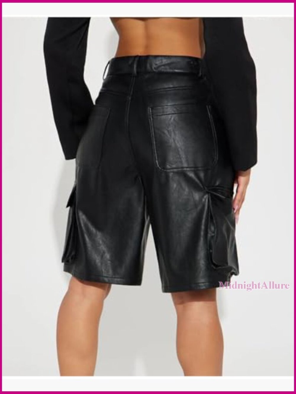 Faux Leather Cargo Shorts High Waisted Wide Leg Bermuda Casual with Pockets - Picture 2 of 5